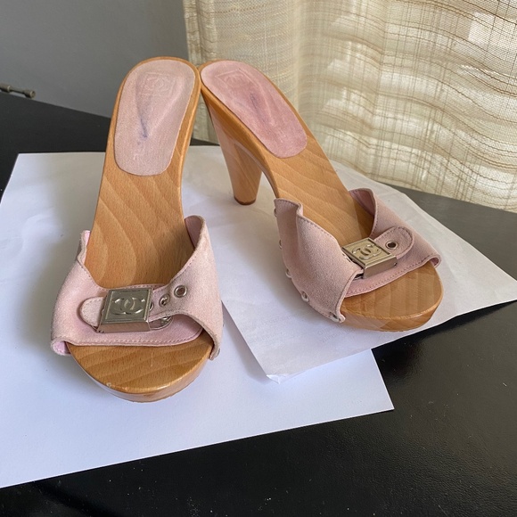 Chanel pink suede leather mules heels adj buckle sandals slides pumps 36 slip-on - Picture 1 of 8